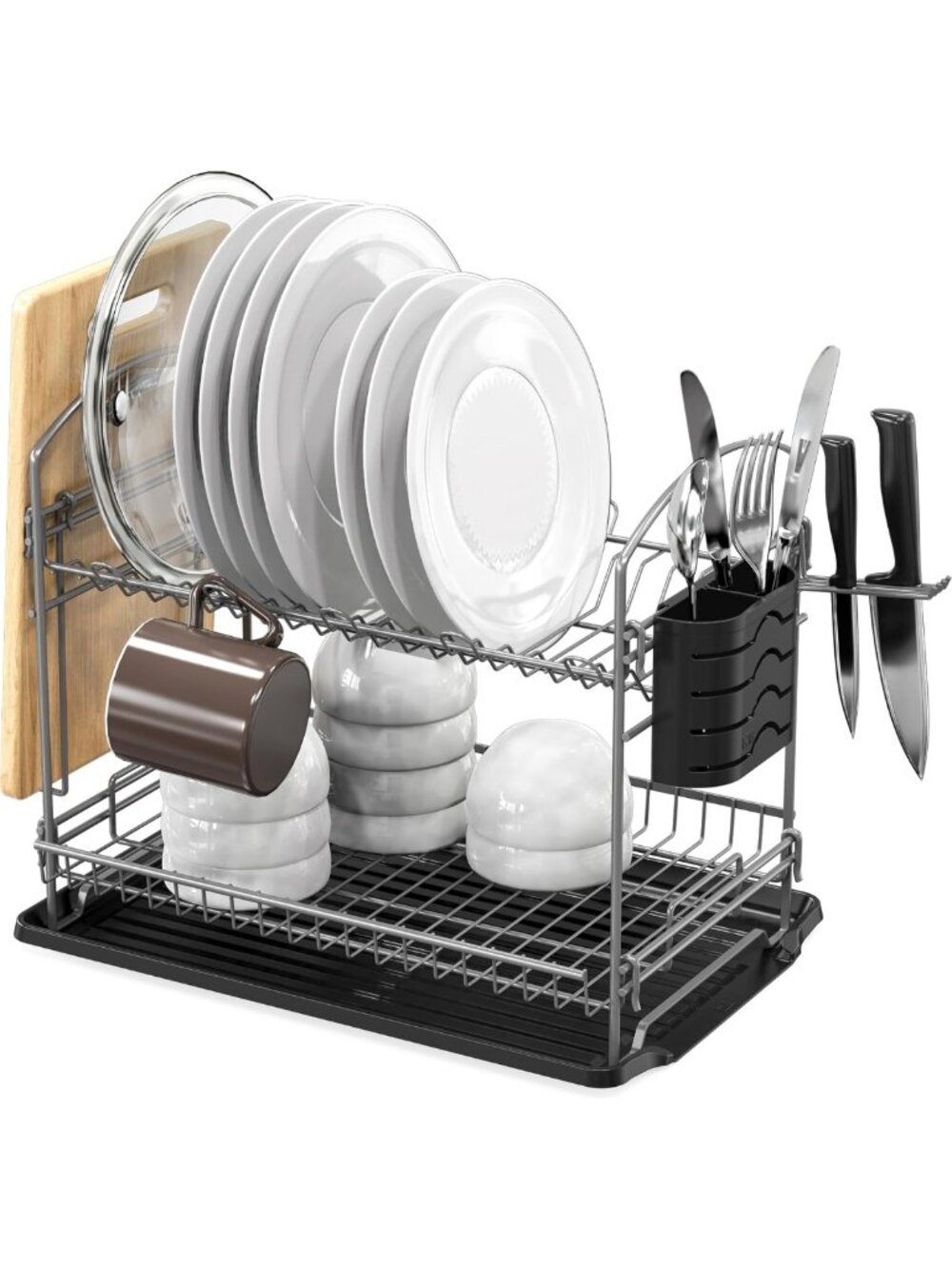 2-Tier Dish Rack with Drainboard - Space-Saving Kitchen Organizer, Silver
